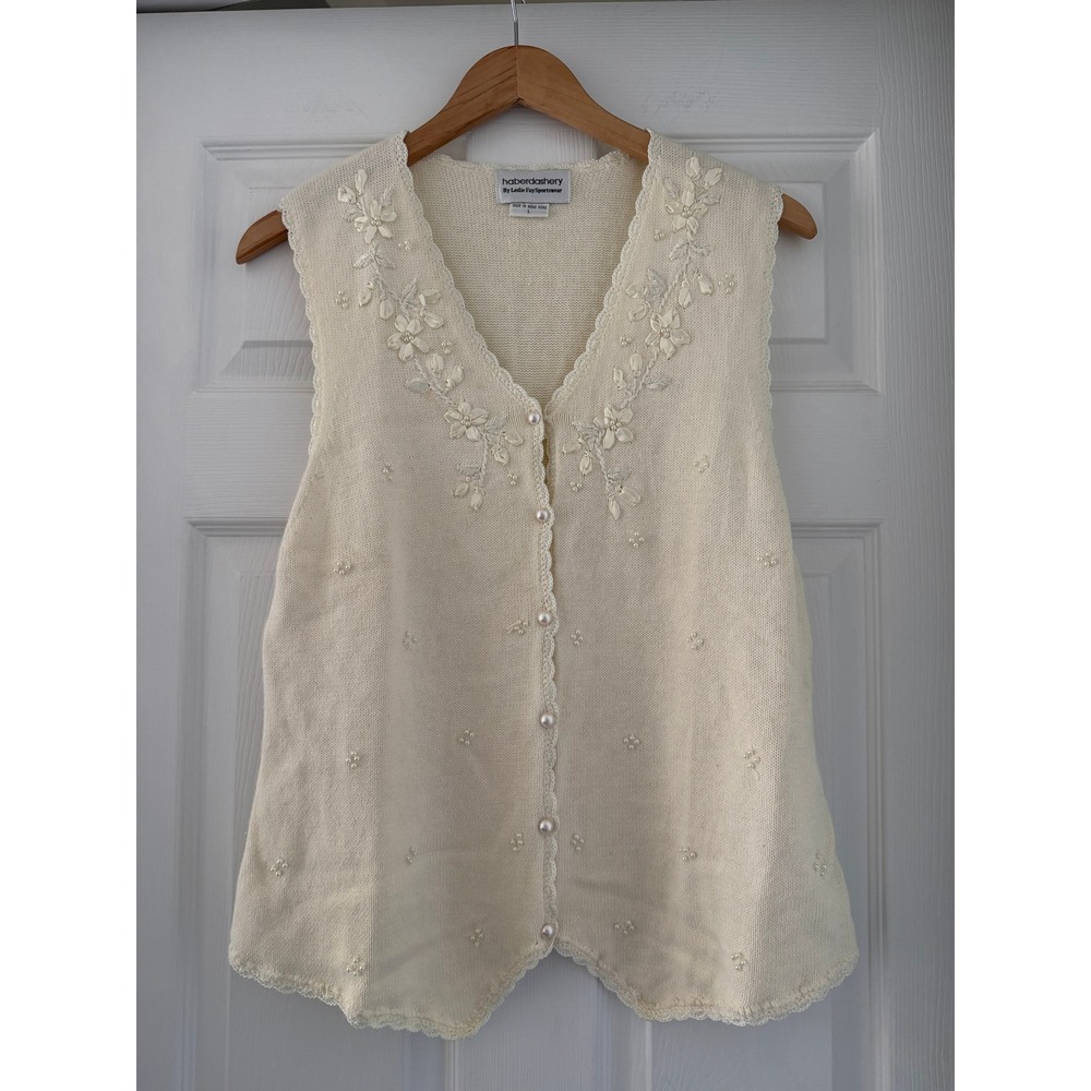 Vintage Womens Haberdashery Knit Vest Pearl Embroidered Detail Romantic Cottage